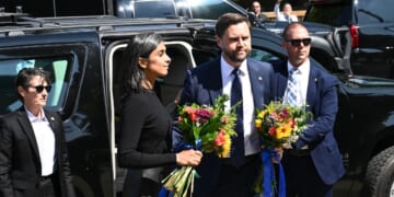 Vice President J.D. Vance and Second Lady Usha Vance arrive to pay their respects to victims of the Annunciation Catholic Church shooting on Sept. 3, 2025, in Minneapolis, Minnesota.