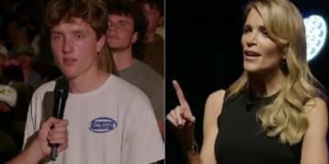 During a Turning Point USA event at Virginia Tech on Wednesday, Megyn Kelly, right, shut down a student, left, who attempted to claim that President Donald Trump incited violence towards the left and was - at least partially - to blame for the assassination of Charlie Kirk.