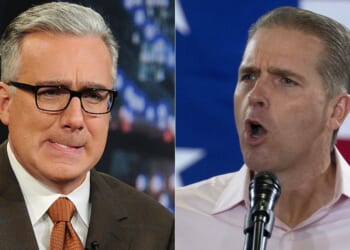 Keith Olbermann, left, was caught deleting social media posts telling Scott Jennings, right, “You’re next,” during the Jimmy Kimmel suspension debacle.