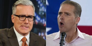 Keith Olbermann, left, was caught deleting social media posts telling Scott Jennings, right, “You’re next,” during the Jimmy Kimmel suspension debacle.