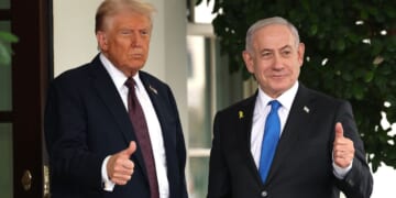President Donald Trump and Israeli Prime Minister Benjamin Netanyahu give a "thumbs up" sign at the White House Monday in Washington, D.C.