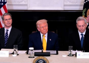 President Donald Trump speaks alongside Treasury Secretary Scott Bessent and White House Crypto Czar David Sacks at the White House Digital Assets Summit on March 7, 2025, in Washington, D.C.