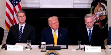President Donald Trump speaks alongside Treasury Secretary Scott Bessent and White House Crypto Czar David Sacks at the White House Digital Assets Summit on March 7, 2025, in Washington, D.C.