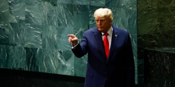 President Donald Trump departs after speaking during the 80th session of the UN’s General Assembly at the United Nations headquarters on Sept. 23, 2025.