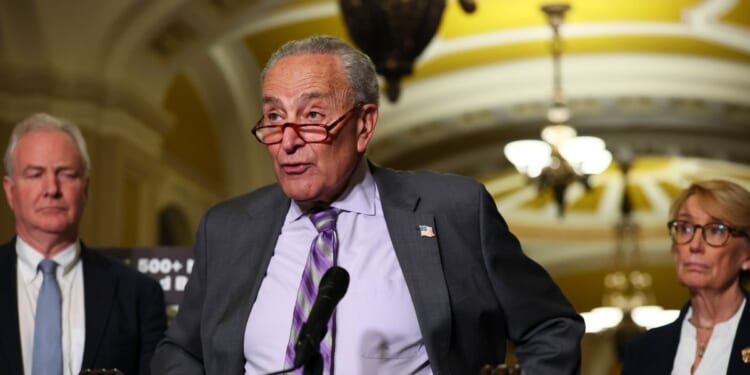 Senate Minority Leader Chuck Schumer, a Democrat from New York, gives a statement after a policy luncheon with Democratic lawmakers at the U.S. Capitol on July 15, 2025, in Washington, D.C.