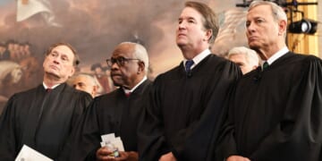 Associate Supreme Court Justices Samuel Alito, Clarence Thomas, and Brett Kavanaugh, and U.S. Chief Justice John Roberts, look on during inauguration ceremonies in the Rotunda of the U.S. Capitol on Jan. 20, 2025, in Washington, D.C.
