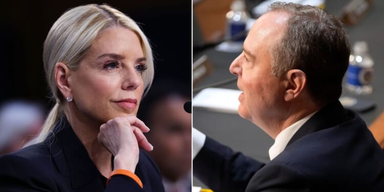 Sen. Adam Schiff, right, a California Democrat, had a tense exchange Tuesday with Attorney General Pam Bondi, left, during a Senate Judiciary Committee hearing on Capitol Hill in Washington, D.C.