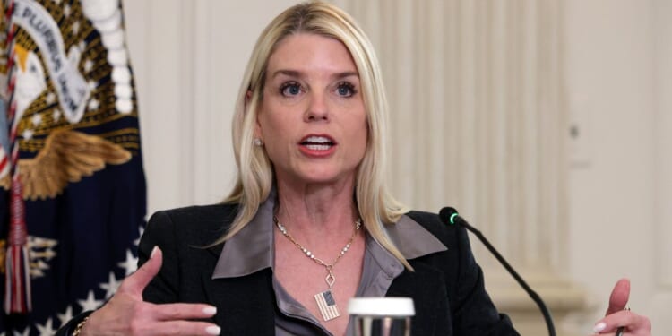 Attorney General Pam Bondi delivers remarks as President Donald Trump delivers an announcement on his Homeland Security Task Force in the State Dining Room of the White House on Oct. 23, 2025, in Washington, D.C.