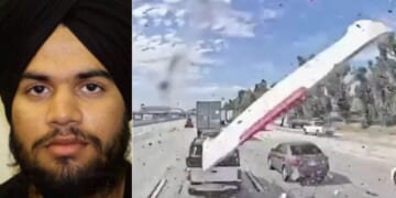 Jashanpreet Singh, left, is an illegal alien who was driving under the influence when he caused a crash, right, in Ontario, California, this week that killed three people.