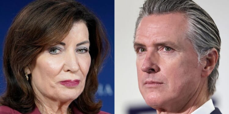 Fifteen Democratic governors - including Kathy Hochul, left, and Gavin Newsom, right - are creating an alliance to go against Health and Human Services Secretary Robert F. Kennedy Jr. and his policies.