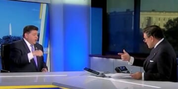 On Thursday, Fox News' Bret Baier, right, challenged Illinois Gov. JB Pritzker, left, over Chicago's murder rate and displayed a map to prove the governor wrong.