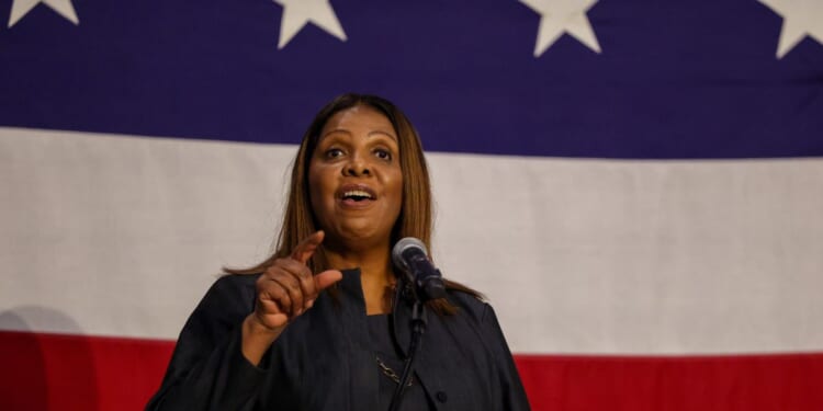 New York Attorney General Letitia James hosts a town hall at SUNY Westchester Community College to hear from residents about the impact of former President Donald Trump’s policies on their lives on May 8, 2025, in Valhalla, New York.
