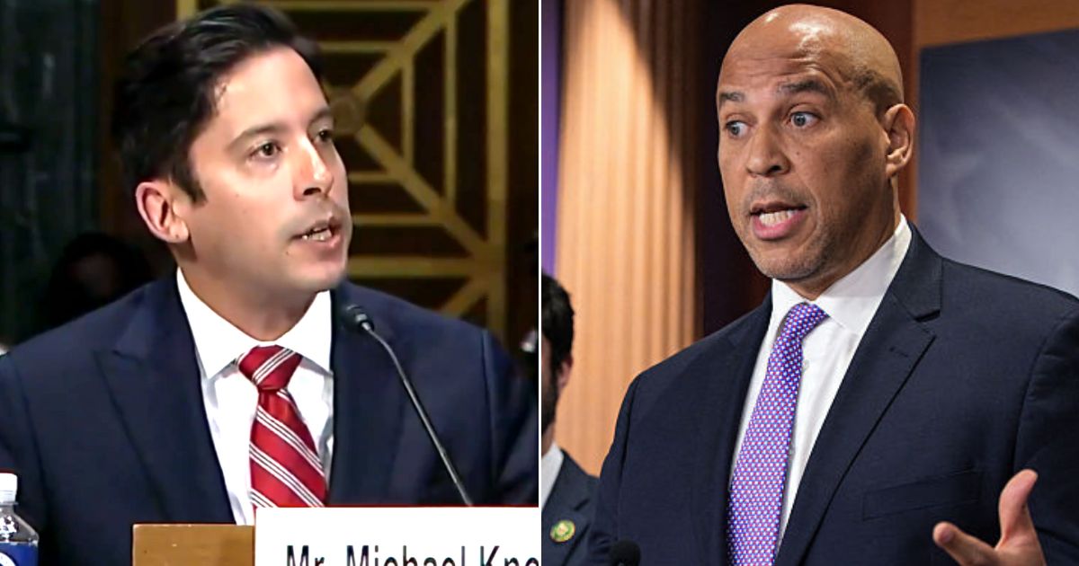 Michael Knowles, left, discussed statements by Sen. Cory Booker, right, endorsing a Virginia Democrat who has fantasized about murdering a Republican opponent and his family.