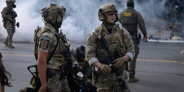 Police take two people into custody as tear gas fills the air after it was used by federal law enforcement agents who were being confronted by community members and activists in the Chicago area.
