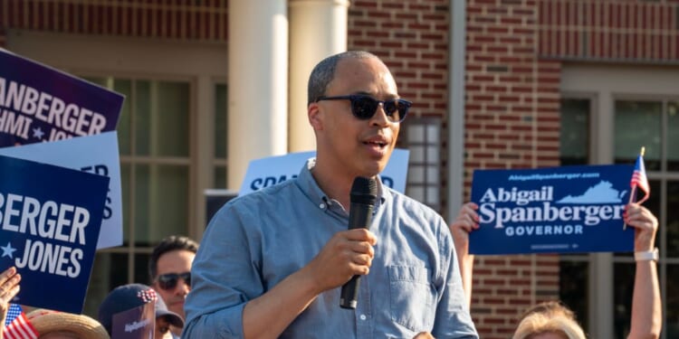 Jay Jones, who is running to become Virginia's attorney general in 2025, speaks to the audience during Abigail Spanberger's bus tour stop at Stacy C. Sherwood Community Center in Fairfax, Virginia, on June 26, 2025.