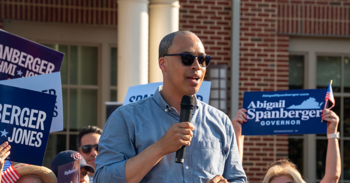 Jay Jones, who is running to become Virginia's attorney general in 2025, speaks to the audience during Abigail Spanberger's bus tour stop at Stacy C. Sherwood Community Center in Fairfax, Virginia, on June 26, 2025.