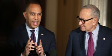 Senate Minority Leader Sen. Chuck Schumer, right, and House Minority Leader Rep. Hakeem Jeffries, both of New York, brief members of the media during a news conference on the government shutdown at the U.S. Capitol Oct. 16 in Washington, D.C.