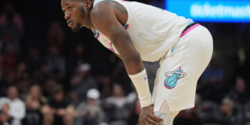 Miami Heat guard Terry Rozier looks up court during the last seconds of the second half of an NBA basketball game against the Chicago Bulls on Saturday, March 8, 2025, in Miami, Florida.