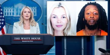 White House Press Secretary Karoline Leavitt speaks alongside a photo of Ukrainian refugee Iryna Zarutska, who was allegedly killed by Decarlos Brown Jr., on a light rail train in Charlotte, North Carolina, during a press briefing in the Brady Press Briefing Room of the White House in Washington, D.C, Sept. 9, 2025.