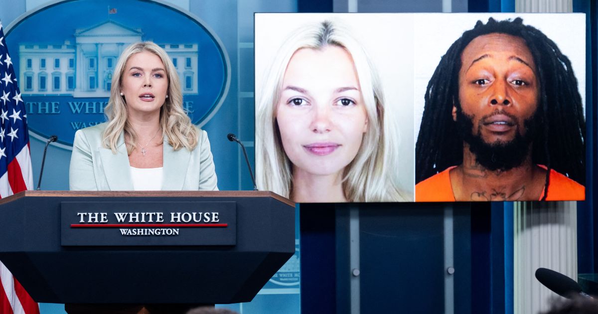 White House Press Secretary Karoline Leavitt speaks alongside a photo of Ukrainian refugee Iryna Zarutska, who was allegedly killed by Decarlos Brown Jr., on a light rail train in Charlotte, North Carolina, during a press briefing in the Brady Press Briefing Room of the White House in Washington, D.C, Sept. 9, 2025.