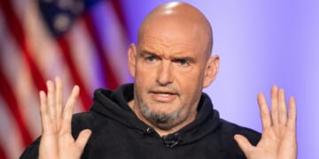 U.S. Senator John Fetterman speaks during a segment on Fox News in Boston, Massachusetts, on June 2, 2025.