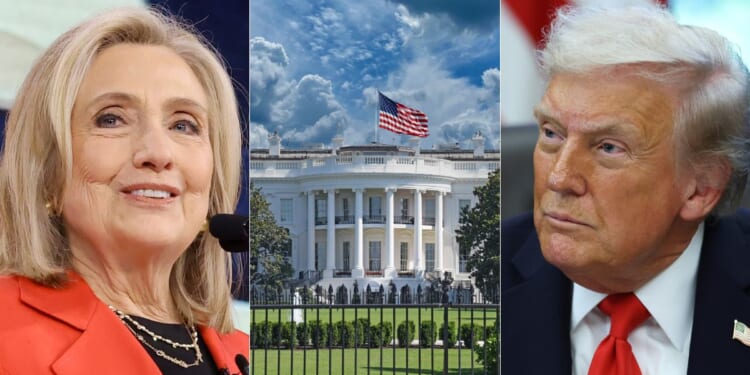 On Tuesday, Hillary Clinton, left, took to X to chastise President Donald Trump, right, for the renovations he is performing on the White House, center, but she is the one who took from it when her husband was president.