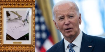 On Tuesday, the House Committee on Oversight and Government Reform issued a report that said executive actions issued during the Biden administration and signed with an autopen, left, should be considered "void" if there are is no valid paperwork that traces the order back to former President Joe Biden, right.