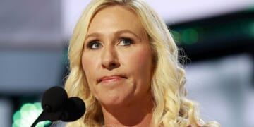 Rep. Marjorie Taylor Greene speaks on stage on the first day of the Republican National Convention in Milwaukee, Wisconsin, on July 15, 2024.