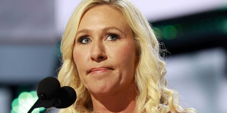 Rep. Marjorie Taylor Greene speaks on stage on the first day of the Republican National Convention in Milwaukee, Wisconsin, on July 15, 2024.