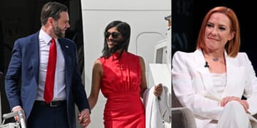 Vice President JD Vance, left, has responded to “disgraceful” comments made by former White House press secretary Jen Psaki, right, about his marriage with second lady Usha Vance, middle.