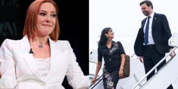 Former White House press secretary Jen Psaki, left, spoke out against Vice President JD Vance, right, and second lady Usha Vance, center, on Tuesday, claiming Usha Vance is scared of her husband.