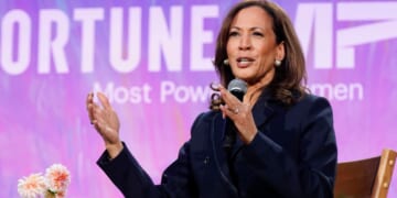 Former Vice President Kamala Harris speaks onstage during the Fortune Most Powerful Women Gala 2025 at Washington National Cathedral October 14 in Washington, D.C. The Democratic National Committee is still paying down debt from Harris' failed 2024 campaign for president.