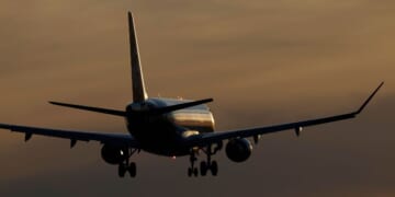 An Alaska SkyWest Airlines plane approaches San Diego International Airport in San Diego, California, on May 10, 2025.