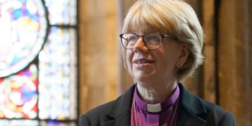 Sarah Mullally, the new Archbishop of Canterbury, poses for pictures inside Canterbury Cathedral in Canterbury, England, on Oct. 3.