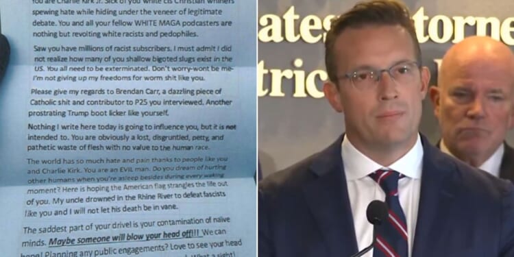 Conservative commentator Benny Johnson spoke at a news conference in which Attorney General Pam Bondi and other Department of Justice announced the arrest of a man from San Diego, California, who is accused of mailing a threatening communication to Johnson.