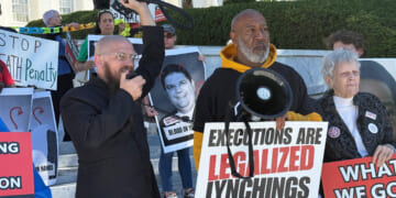 The Rev. Jeff Hood speaks at a protest against the death penalty on Wednesday, Oct. 22, 2025, at the Alabama Capitol in Montgomery, Alabama.