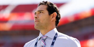 NFL broadcaster Mark Sanchez stands on the field prior to an NFL game between the Arizona Cardinals and the San Francisco 49ers at Levi's Stadium on Sept. 21, 2025, in Santa Clara, California.