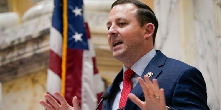 Maryland state Senate President Bill Ferguson addresses the senate chamber during the opening session of the Maryland General Assembly at the State Capitol in Annapolis, Maryland, on Jan. 10, 2024.