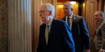 Sen. Mitch McConnell, a Republican from Kentucky, walks to the Senate Chambers in the U.S. Capitol Building on July 28, 2025, in Washington, D.C.