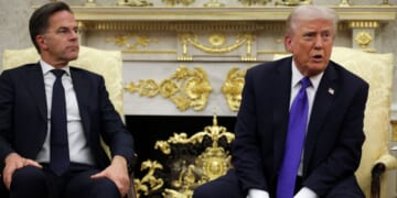 President Donald Trump speaks to reporters during a meeting with NATO Secretary General Mark Rutte in the Oval Office of the White House on Oct. 22, 2025, in Washington, D.C.