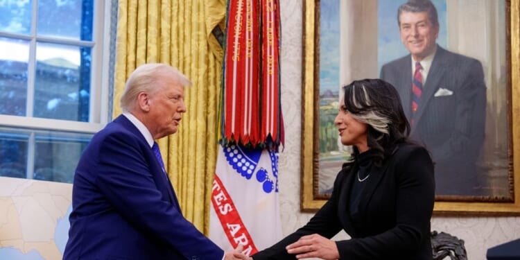 Director of National Intelligence Tulsi Gabbard shakes hands with President Donald Trump in the Oval Office at the White House on Feb. 12, 2025, in Washington, D.C.