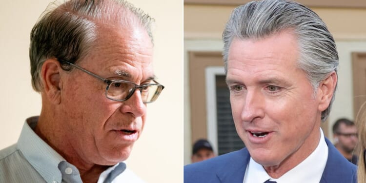 Indiana Gov. Mike Braun, left, seen in a file photo from November 2024, said his action is intended "to protect Hoosiers from efforts in other states that seek to diminish their voice in Washington" -- a reference to states like Gov. Gavin Newsom's California, which has revised its congressional map to increase the number of Democrats sent to Washington.