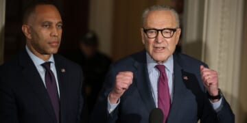 Senate Minority Leader Sen. Chuck Schumer and House Minority Leader Rep. Hakeem Jeffries brief members of the press during a news conference on the government shutdown at the U.S. Capitol on Oct. 16, 2025, in Washington, D.C.
