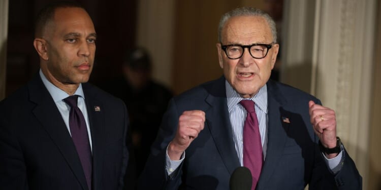 Senate Minority Leader Sen. Chuck Schumer and House Minority Leader Rep. Hakeem Jeffries brief members of the press during a news conference on the government shutdown at the U.S. Capitol on Oct. 16, 2025, in Washington, D.C.