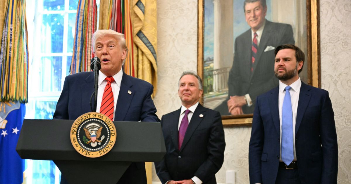 Vice President J.D. Vance looks on as President Donald Trump participates in a swearing-in ceremony for the Special Envoy Steve Witkoff in the Oval Office of the White House in Washington, D.C., on May 6, 2025.