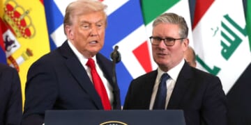 President Donald Trump, left, and British Prime Minister Keir Starmer, right, attend a world leaders' summit on ending the Gaza war in Sharm El-Sheikh, Egypt, on Monday.