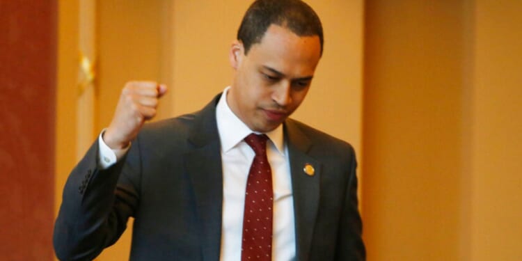 Then-state Del. Jay Jones reacts to the passage of a bill in the gallery of the Senate in the Capitol in Richmond, Virginia, on March 4, 2020.
