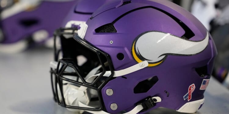 A Minnesota Vikings helmet sits on the bench before a game against the Chicago Bears at Soldier Field in Chicago, Illinois, on Sept. 8.