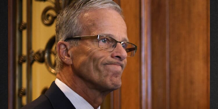 Senate Majority Leader Sen. John Thune, a South Dakota Republican, pauses as he speaks to members of the press Monday outside the Senate chamber at the U.S. Capitol in Washington, D.C.