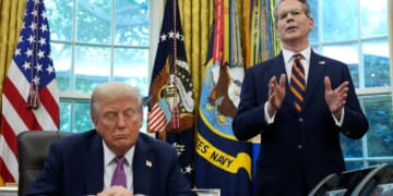 Treasury Secretary Scott Bessent, right, speaks alongside President Donald Trump, left, during a media availability session in the Oval Office of the White House in Washington, D.C., on Sept. 5.
